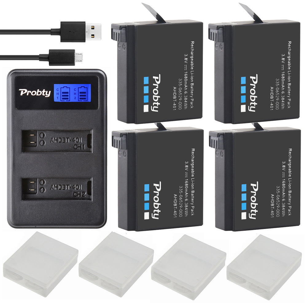 4Pcs Probty AHDBT-401 + LCD USB Dual Charger For Gopro Hero 4 Batteries Go Pro Hero4 bateria AHDBT