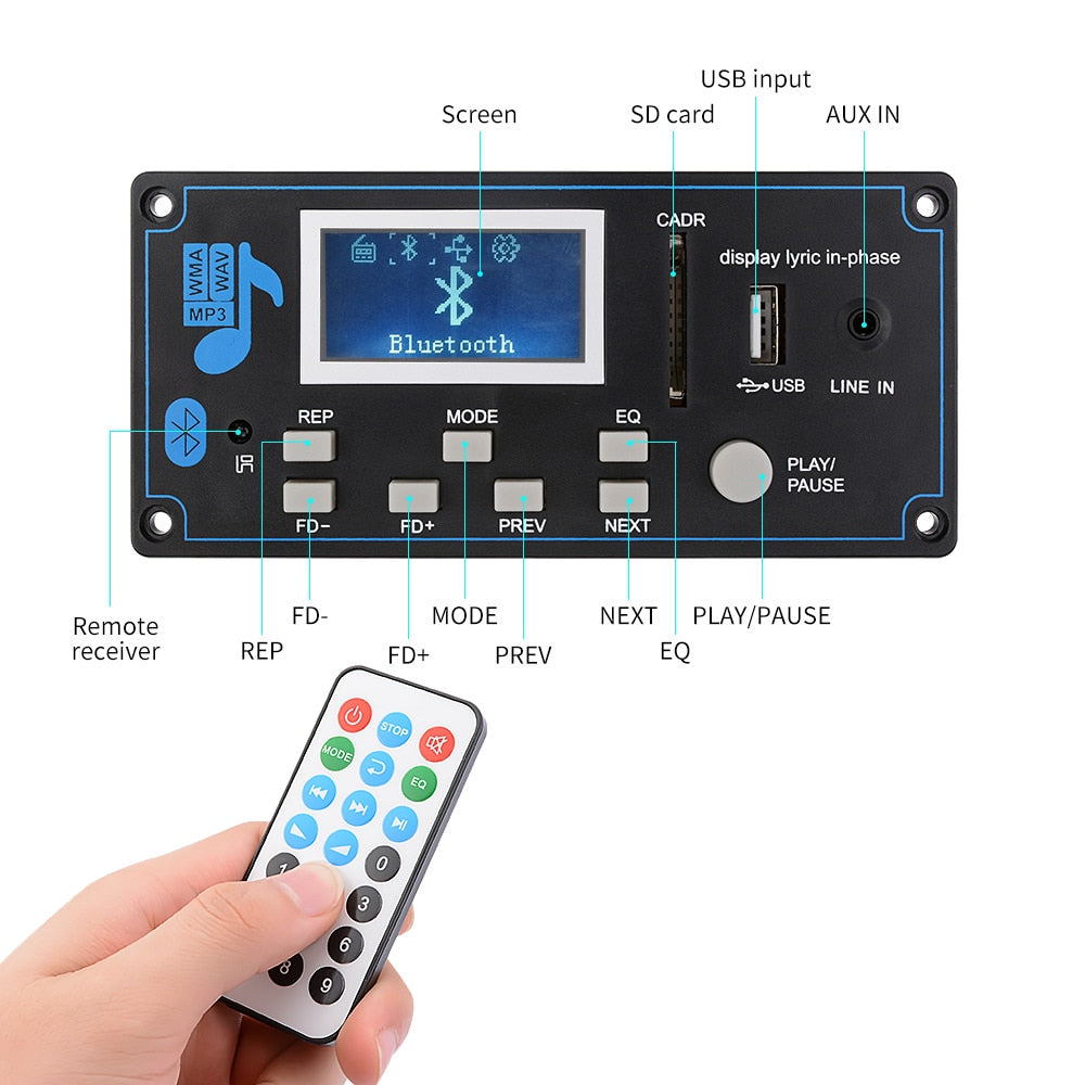 AIYIMA 12V LCD Bluetooth MP3 Decoder Board WAV WMA Decoding MP3 Player Audio Module Support FM Radio AUX USB