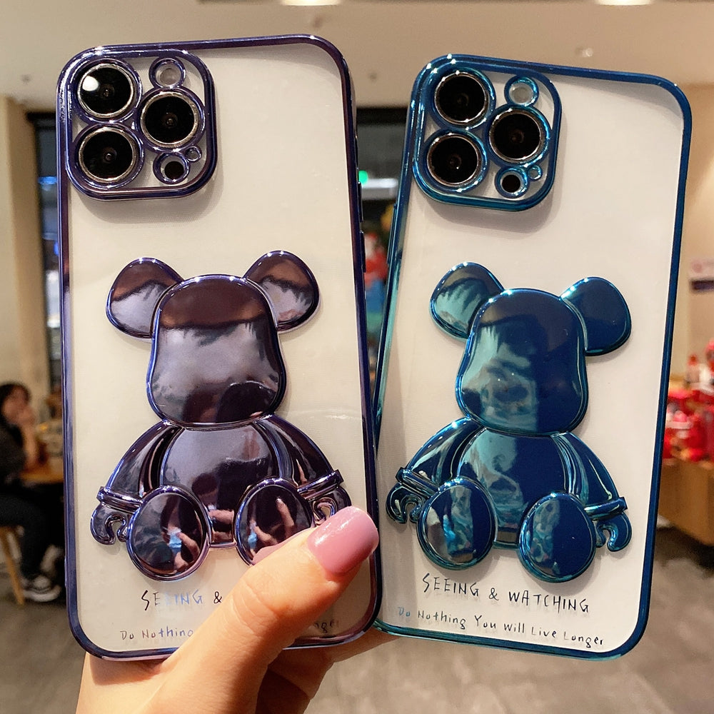 Cute Bear Plating Phone Case Transparent Silicone Lens Protection Cover