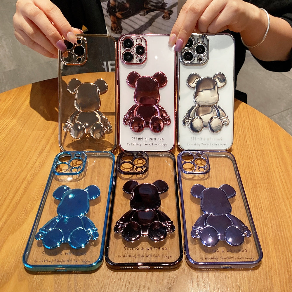 Cute Bear Plating Phone Case Transparent Silicone Lens Protection Cover