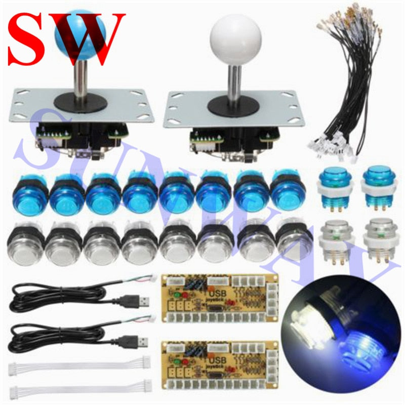 DIY Arcade Set Kits Push Buttons Replacement Parts LED USB Controller Joystick + 28mm/24mm LED