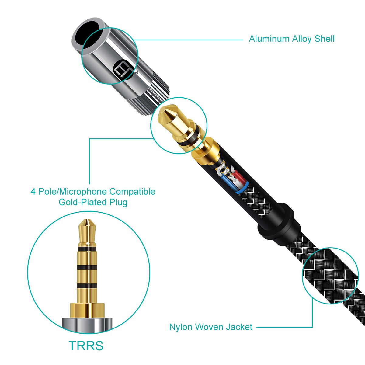 3.5mm Audio Microphone Extension Cable 3.5mm 4-pole AUX Extender TRRS Audio Cable Nylon Braided