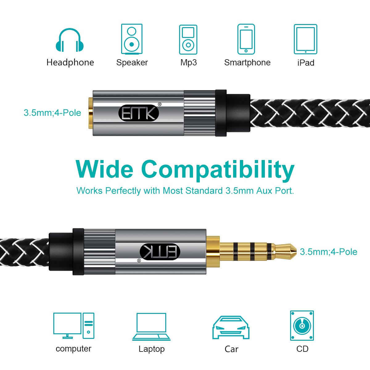 3.5mm Audio Microphone Extension Cable 3.5mm 4-pole AUX Extender TRRS Audio Cable Nylon Braided