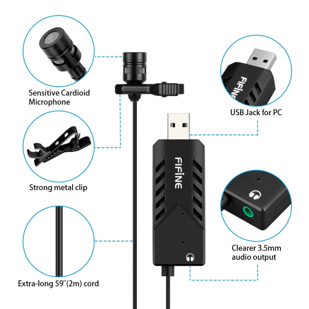 FIFINE Lavalier  Clip-on Cardioid Condenser Computer mic plug and play USB Microphone With Sound