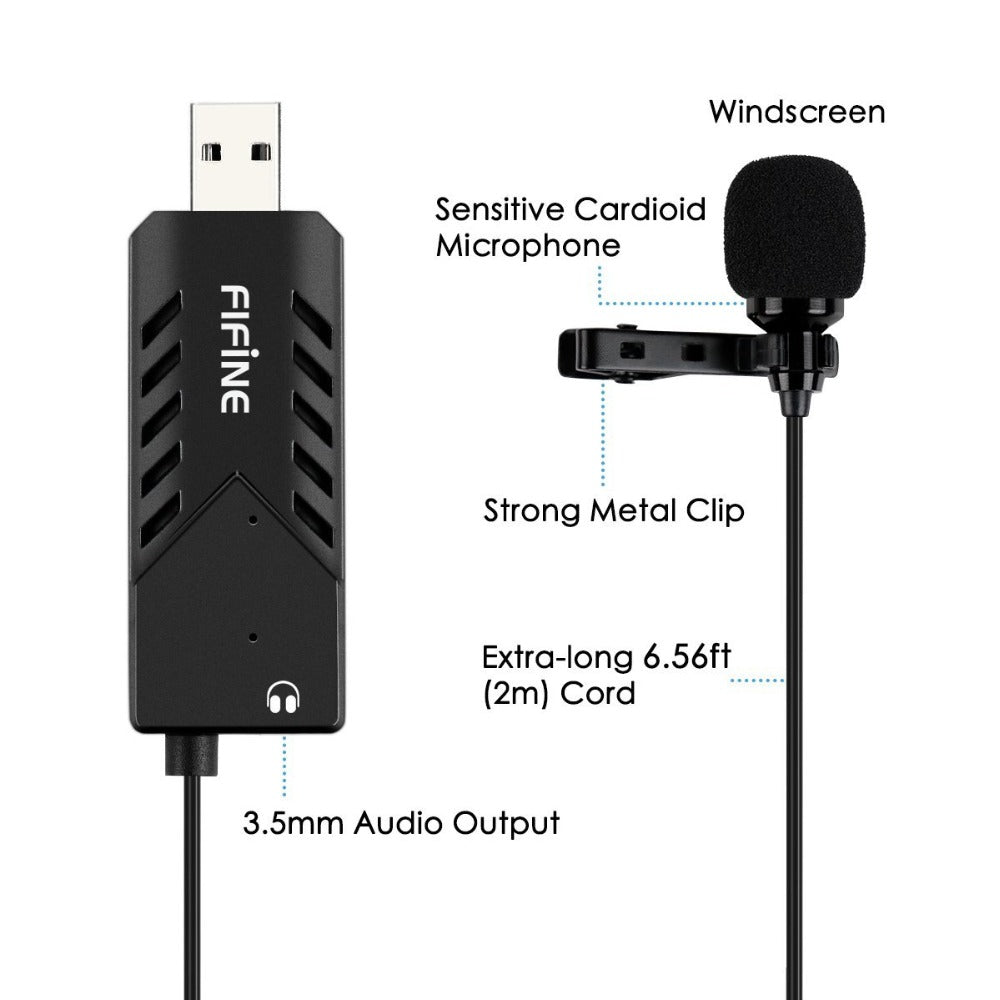 FIFINE Lavalier  Clip-on Cardioid Condenser Computer mic plug and play USB Microphone With Sound