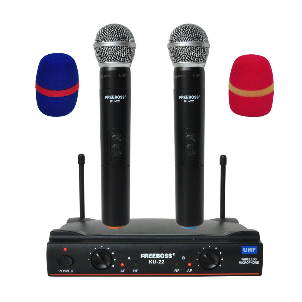 Freeboss KU-22 UHF Long Range Dual Channel 2 Handheld Mic Transmitter Professional Karaoke UHF