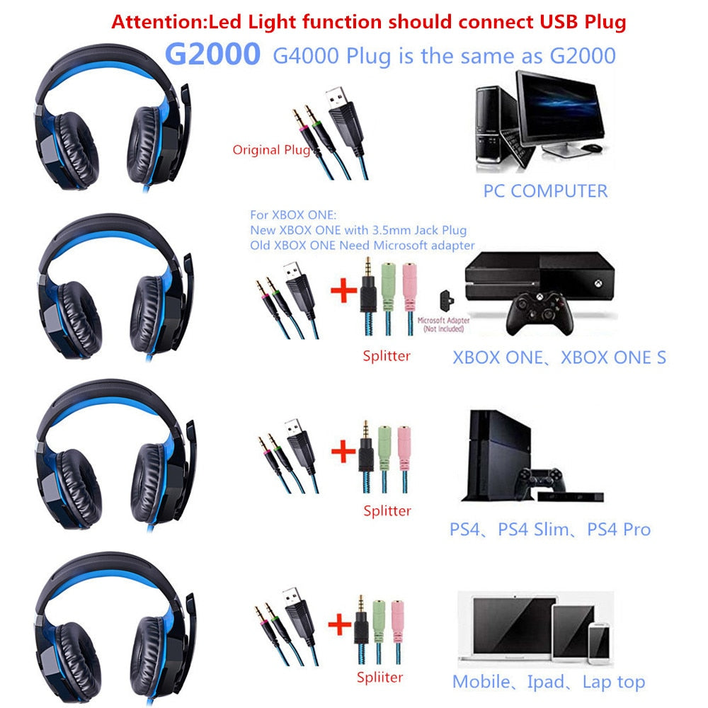 G2000 G9000 Gaming Headsets Big Headphones with Light Mic Stereo Earphones Deep Bass for PC Computer