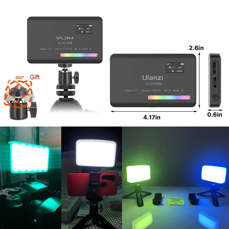 Ulanzi VL120 RGB LED Video Light Camera Light Full Color Rechargeable 3100mAh Dimmable 2500-9000K