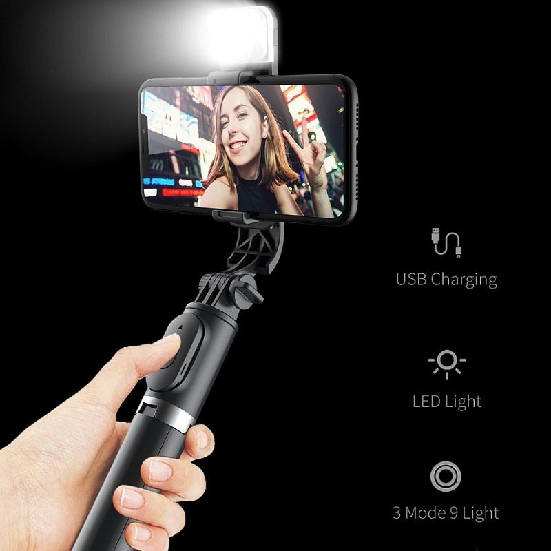 Wireless Bluetooth Selfie Stick Foldable and Mini Tripod with Fill Light Shutter Remote Control