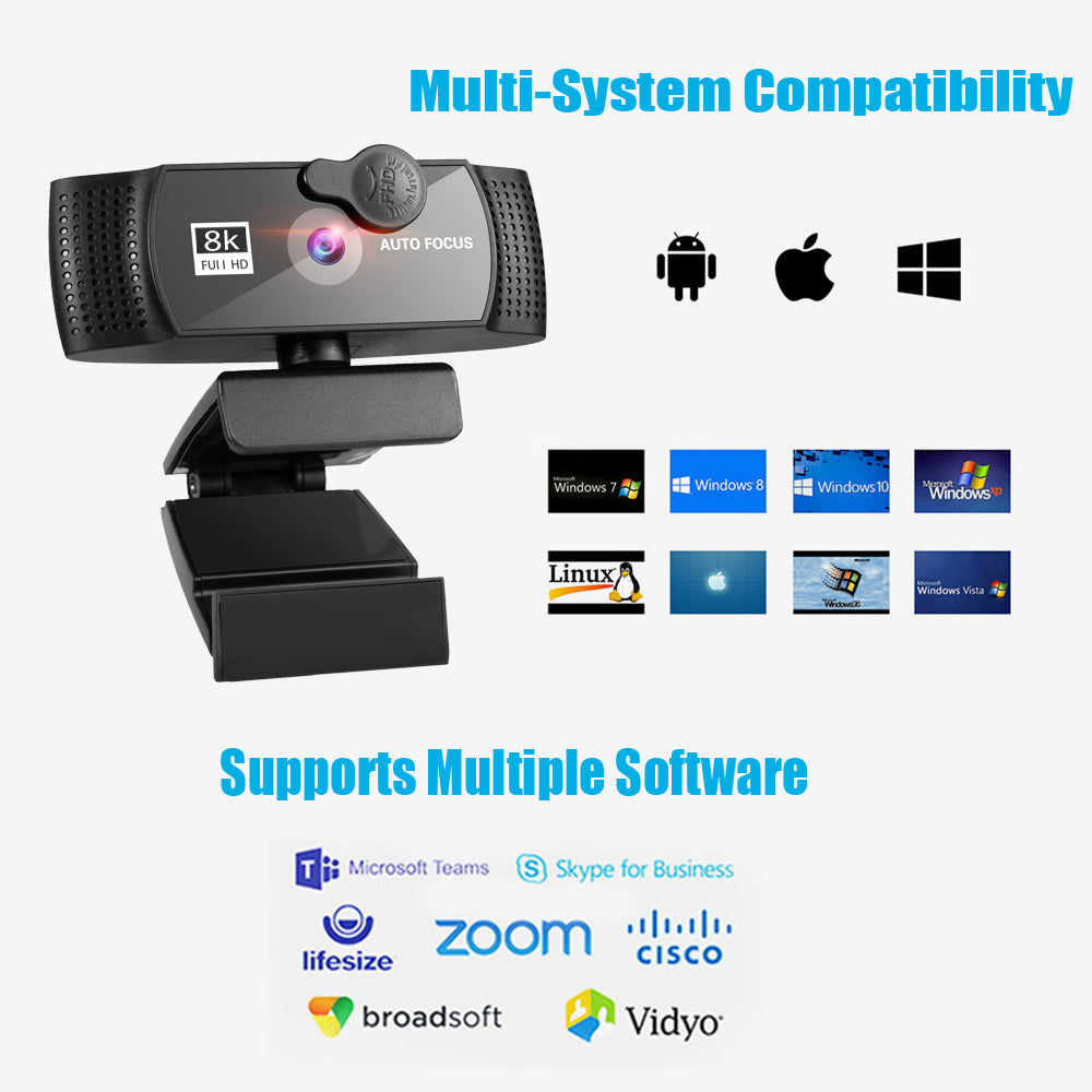 HD 8K 4K Webcam Autofocus Web with Microphone Rotate USB Plug Camera for PC, Mac & Laptop