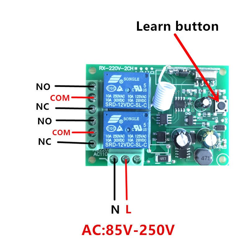 433Mhz Universal Wireless Remote Control Switch AC 85V ~ 250V 110V 220V 2CH Relay Receiver Module