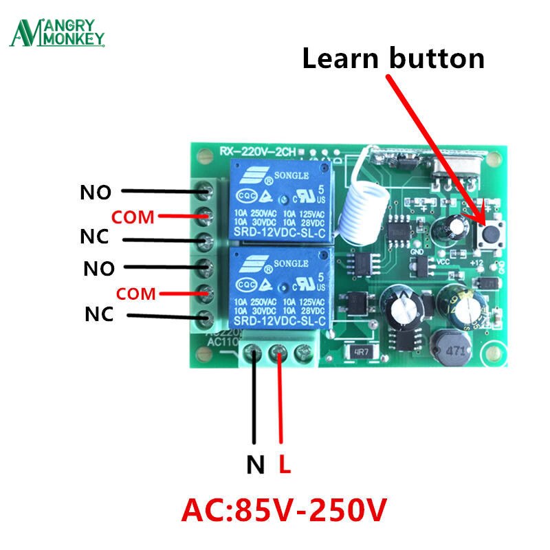 433Mhz Universal Wireless Remote Control Switch AC 250V 110V 220V 2CH Relay Receiver Module and 5pcs