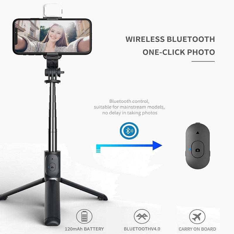 Wireless Bluetooth Selfie Stick Foldable and Mini Tripod with Fill Light Shutter Remote Control