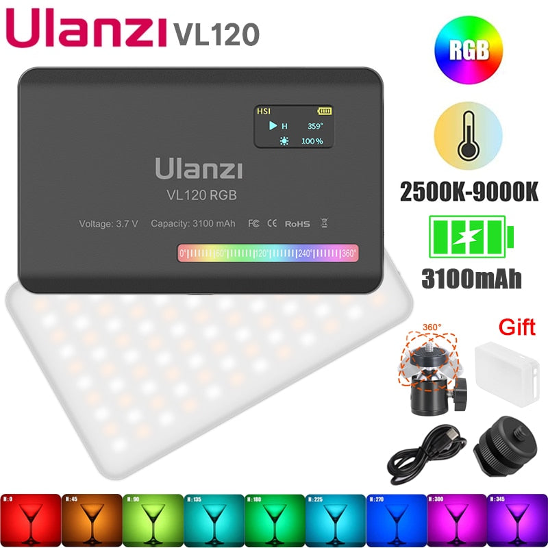 Ulanzi VL120 RGB LED Video Light Camera Light Full Color Rechargeable 3100mAh Dimmable 2500-9000K