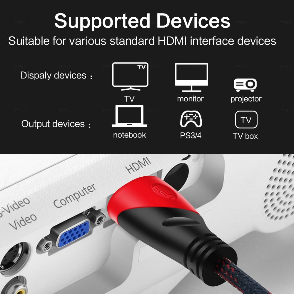 High Speed HDMI Cable Gold Plated Connection with Red, black and white mesh