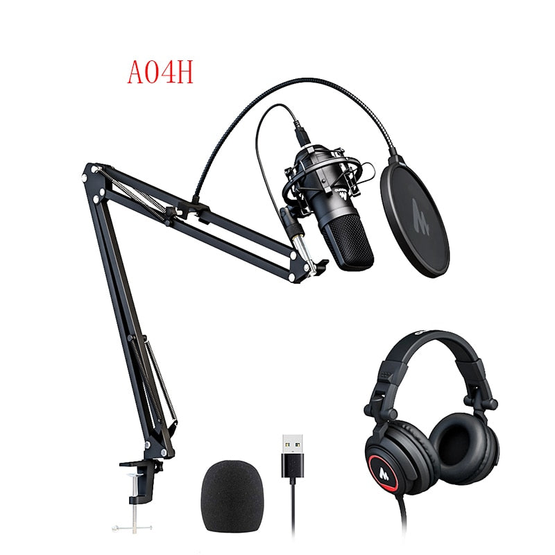 A04H USB Microphone with Studio Headphone Set 192kHz/24bit Vocal Condenser Cardioid Podcast Mic