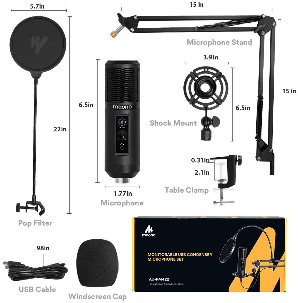 PM422 USB Microphone Zero Latency Monitoring 192KHZ/24BIT Professional Cardioid Condenser Mic