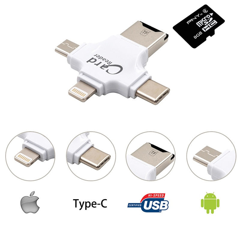 4 in 1 Card Reader Type C Micro USB Adapter Micro SD Card Reader Card for iPhone / iPad Smart OTG