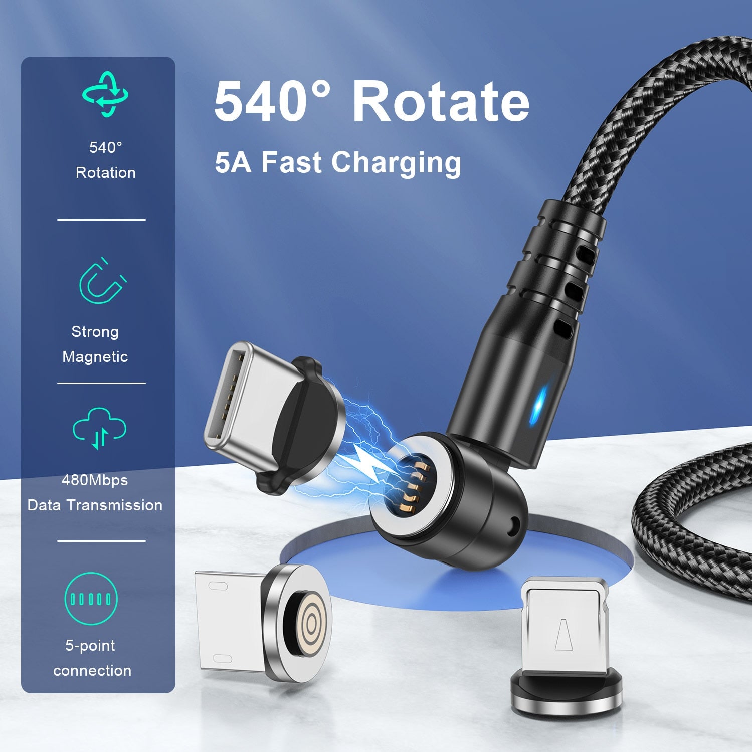 USLION 540 Rotate 5A Magnetic Cable Fast Charging Micro USB Type C Cable