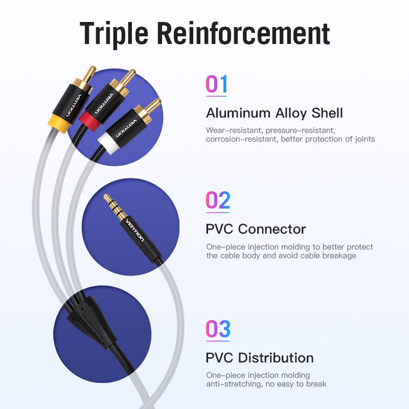 Jack 3.5mm to 3RCA Cable 3.5mm Jack Male to 3 RCA Male AUX Audio Splitter Aux Cable 2.5 to RCA