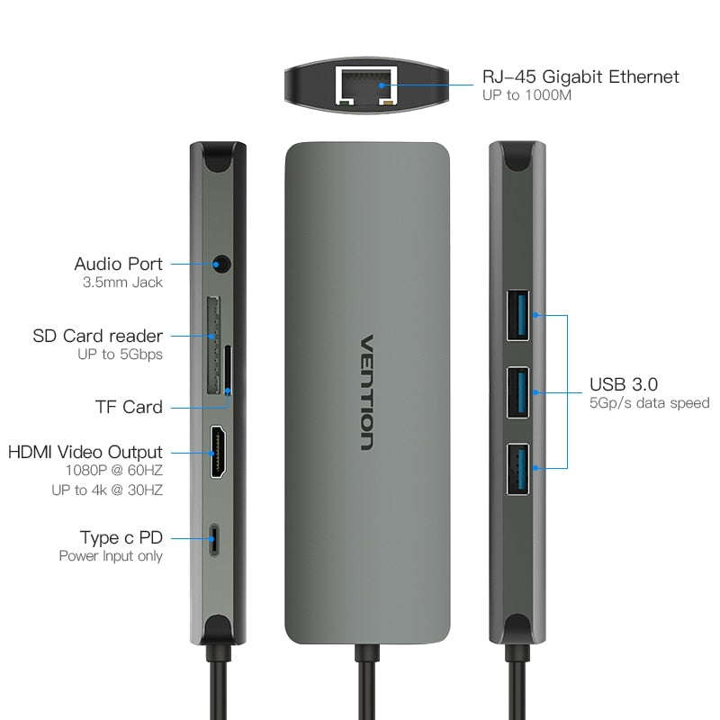 USB Type C Converter Type C To HDMI VGA USB 3.0 PD Power 3.5mm Audio RJ45 Ethernet Adapter